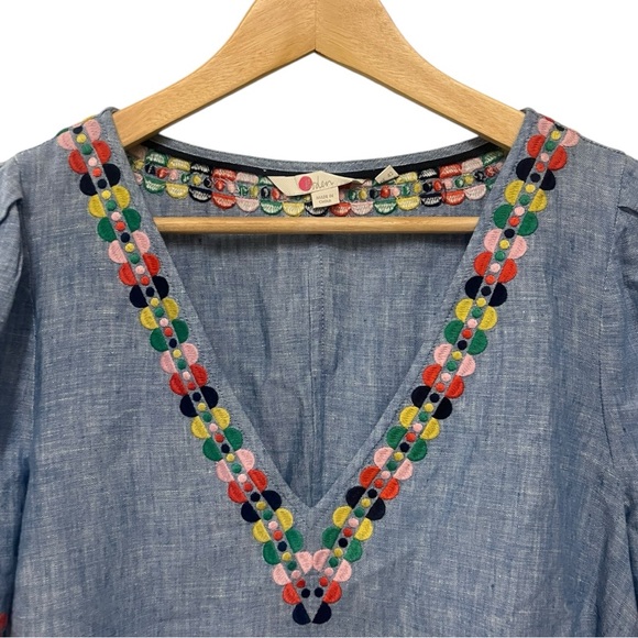 Boden Heidi Blue Embroidered Puff Short Sleeve V-Neck Linen Top US 12 - Picture 3 of 5